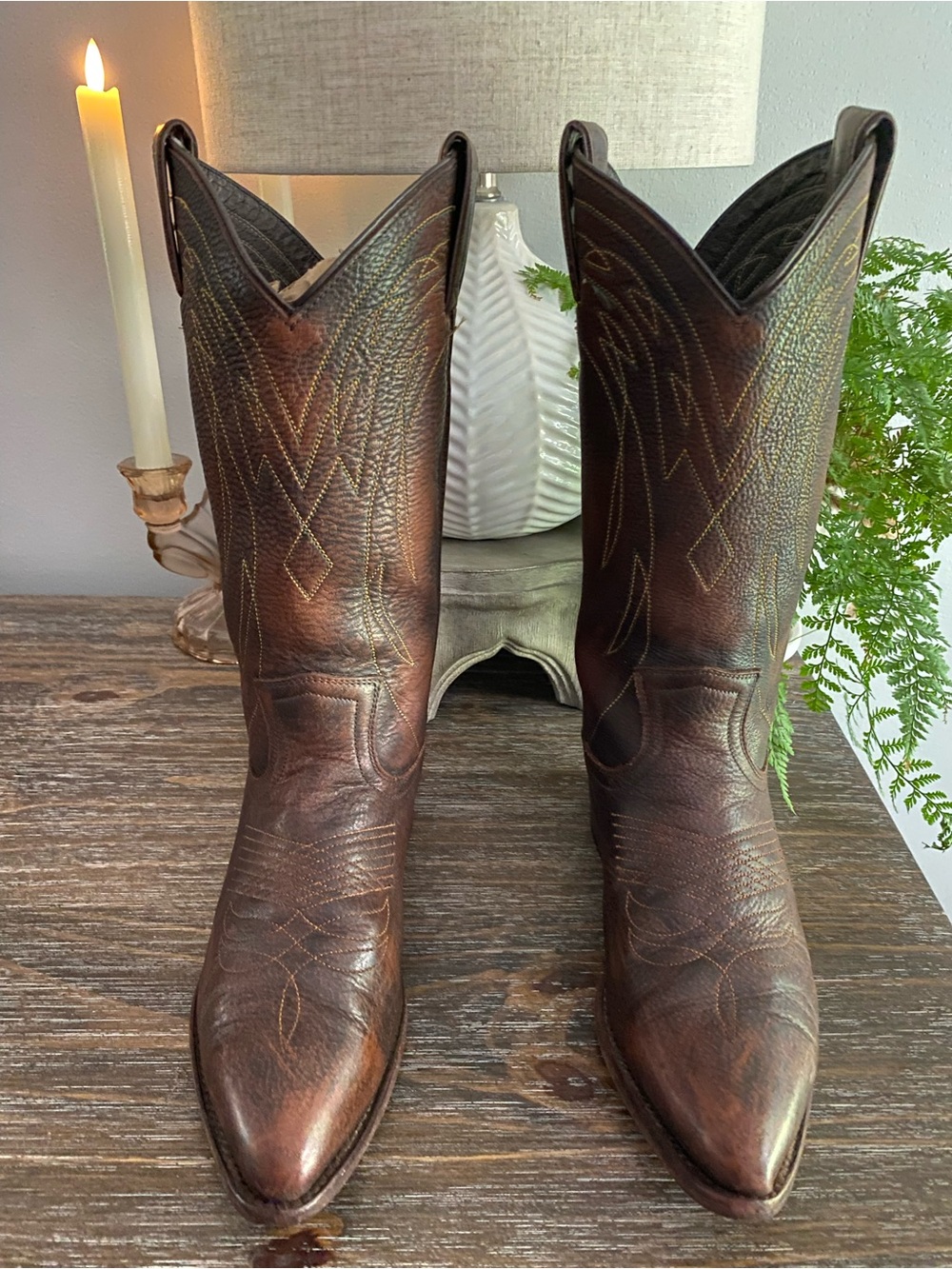 Vtg FRYE Billy Pull-On Deco Stitch Leather Western Cowboy Boots Women 7.5B Brown - Picture 2 of 15